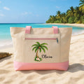 Personalized Palm Tree Beach Tote Bag, Custom Name Canvas Tote, Hibiscus Flower Summer Carryall, Vacation Shoulder Bag, Gift for Her