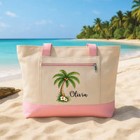 Personalized Palm Tree Beach Tote Bag, Custom Name Canvas Tote, Hibiscus Flower Summer Carryall, Vacation Shoulder Bag, Gift for Her