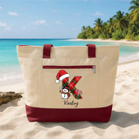 Personalized Initial Tote Bag with Zipper, Custom Name Canvas Tote Bag, Christmas Day Bag, Holiday Canvas Tote, Christmas Gift for Her