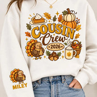 Custom Cousin Crew Thanksgiving Sweatshirt, Kids Turkey Day Shirt, Matching Cousins Fall Top, Name On Sleeve, Family 2026 Gift