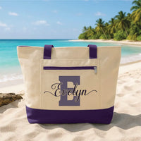Personalized Name Tote Bag with Zipper, Custom Initial Canvas Tote Bag, Beach Travel Tote, Family Travel Canvas Bag, Vacation Gift