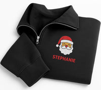 Personalized Santa Embroidered Quarter Zip Sweatshirt, Custom Name Pullover, Holiday Cozy Pullover, Kids Christmas Outfit, Christmas Gift