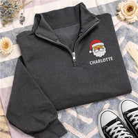 Personalized Santa Embroidered Quarter Zip Sweatshirt, Custom Name Pullover, Holiday Cozy Pullover, Kids Christmas Outfit, Christmas Gift