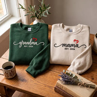 Custom Mama Embroidered Sweatshirt, Grandma Est Year Hoodie, Name on Sleeve Heart Shirt, Personalized Mom Crewneck, Mothers Day Gift