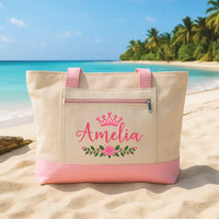 Personalized Flower Girl Tote Bag with Zipper, Custom Name Canvas Tote, Pink Crown Bridal Party Bag, Proposal Gift, Bride Tribe Gift