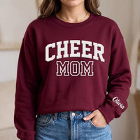 Personalized Puff Print Cheer Mom Sweatshirt, Custom 3D Puff Shirt with Sleeve Name, Squad Spirit Wear Hoodie Top, Sideline Cheer Mom Gift