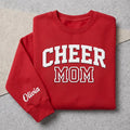 Personalized Puff Print Cheer Mom Sweatshirt, Custom 3D Puff Shirt with Sleeve Name, Squad Spirit Wear Hoodie Top, Sideline Cheer Mom Gift