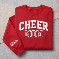 Personalized Puff Print Cheer Mom Sweatshirt, Custom 3D Puff Shirt with Sleeve Name, Squad Spirit Wear Hoodie Top, Sideline Cheer Mom Gift