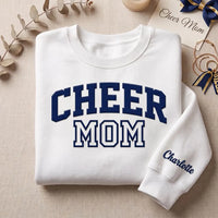 Personalized Puff Print Cheer Mom Sweatshirt, Custom 3D Puff Shirt with Sleeve Name, Squad Spirit Wear Hoodie Top, Sideline Cheer Mom Gift