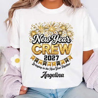 Personalized New Year Crew 2027 Shirt, Custom Name NYE Tee, Gold Fireworks Marquee Shirt, Matching Family NYE Outfit, Holiday Party Gift