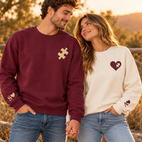 Personalized Couple Embroidered Sweatshirt, His and Hers Crewneck, Puzzle Heart Initial Sleeve Shirt, Matching Gift, Anniversary Gift