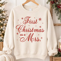 Personalized First Christmas as a Mrs Sweatshirt, Custom Newlywed Christmas Tee, Elegant Script Mrs Holiday Shirt, Gift for New Bride