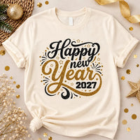 Glitter Happy New Year 2027 Shirt, Custom Gold Sparkle Holiday Tee, New Year 2027 Glitter Sweatshirt, Holiday Party Gift Idea, Party Gift