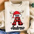 Personalized Family Christmas Name Sweatshirt, Custom Plaid Letter Tee, Santa Hat Reindeer Family, Matching Holiday Outfit, Christmas Gift