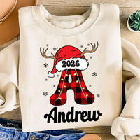 Personalized Family Christmas Name Sweatshirt, Custom Plaid Letter Tee, Santa Hat Reindeer Family, Matching Holiday Outfit, Christmas Gift