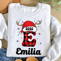 Personalized Family Christmas Name Sweatshirt, Custom Plaid Letter Tee, Santa Hat Reindeer Family, Matching Holiday Outfit, Christmas Gift