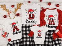 Personalized Family Christmas Name Sweatshirt, Custom Plaid Letter Tee, Santa Hat Reindeer Family, Matching Holiday Outfit, Christmas Gift