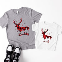 Personalized Reindeer Family Christmas Shirt, Custom Buffalo Plaid Deer Tee, Matching Family Name Outfit, Christmas Gift for Loved Ones
