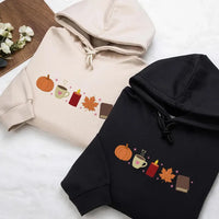 Fall Embroidered Sweatshirt, Custom Fall Icon Embroidered Hoodie, Pumpkin Coffee Leaf Crewneck, Holiday Stitched Shirt, Cozy Autumn Gift