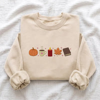 Fall Embroidered Sweatshirt, Custom Fall Icon Embroidered Hoodie, Pumpkin Coffee Leaf Crewneck, Holiday Stitched Shirt, Cozy Autumn Gift