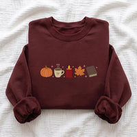 Fall Embroidered Sweatshirt, Custom Fall Icon Embroidered Hoodie, Pumpkin Coffee Leaf Crewneck, Holiday Stitched Shirt, Cozy Autumn Gift