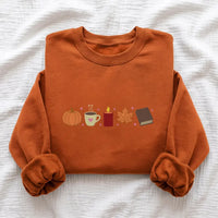 Fall Embroidered Sweatshirt, Custom Fall Icon Embroidered Hoodie, Pumpkin Coffee Leaf Crewneck, Holiday Stitched Shirt, Cozy Autumn Gift
