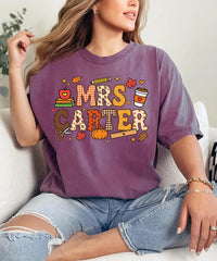 Personalized Mrs Name Teacher Tee, Custom Patchwork Applique Shirt, Fall School Icons Tee, Teacher Appreciation Gift, Back to School Gift