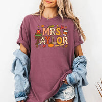 Personalized Mrs Name Teacher Tee, Custom Patchwork Applique Shirt, Fall School Icons Tee, Teacher Appreciation Gift, Back to School Gift