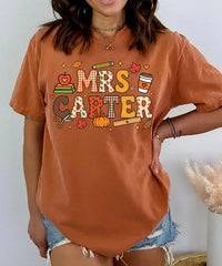 Personalized Mrs Name Teacher Tee, Custom Patchwork Applique Shirt, Fall School Icons Tee, Teacher Appreciation Gift, Back to School Gift