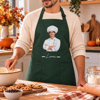 Personalized Chef Photo Apron, Custom Name Kitchen Apron with Pockets, Full-Length Cooking Wear, Adjustable Neck Gift, Gift for Chef
