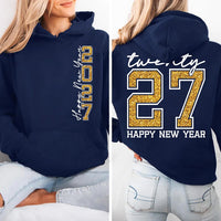Personalized Happy New Year 2027 Tee, Gold Twenty 27 Celebration Crewneck, New Years Eve Outfit, Party Gift, Front Back