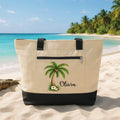 Personalized Palm Tree Beach Tote Bag, Custom Name Canvas Tote, Hibiscus Flower Summer Carryall, Vacation Shoulder Bag, Gift for Her