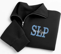 Personalized SLP Embroidered Quarter Zip Sweatshirt, Custom Name Thread Pullover, Speech Therapy Work Top, Cozy Layer Gift, Gift for SLP