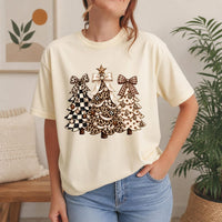 Coquette Christmas Tree Shirt, Leopard Checkered Polka Dot Holiday Tee, Patterned Trees Festive Holiday Shirt, Christmas Gift for Her