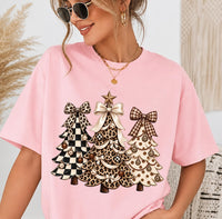 Coquette Christmas Tree Shirt, Leopard Checkered Polka Dot Holiday Tee, Patterned Trees Festive Holiday Shirt, Christmas Gift for Her