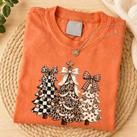 Coquette Christmas Tree Shirt, Leopard Checkered Polka Dot Holiday Tee, Patterned Trees Festive Holiday Shirt, Christmas Gift for Her