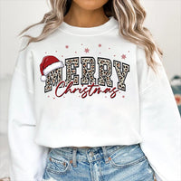 Merry Christmas Leopard Sweatshirt, Santa Hat Merry Letter Print Sweatshirt, Festive Holiday Winter Crewneck, Christmas Gift for Her