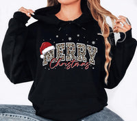 Merry Christmas Leopard Sweatshirt, Santa Hat Merry Letter Print Sweatshirt, Festive Holiday Winter Crewneck, Christmas Gift for Her