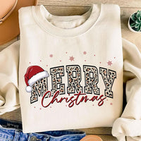 Merry Christmas Leopard Sweatshirt, Santa Hat Merry Letter Print Sweatshirt, Festive Holiday Winter Crewneck, Christmas Gift for Her