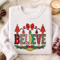 Believe Christmas Pattern Sweatshirt, Plaid Leopard Candy Cane Tee, Tree Bells Holiday Shirt, Xmas Pajama Top, Christmas Gift for Her