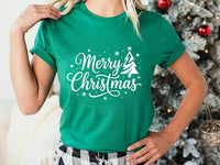 Merry Christmas Script Tree Sweatshirt, Green Tree Gold Star Holiday Tee, Christmas Family Matching Shirt, Xmas Pajama Top, Gift for Mom