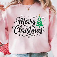 Merry Christmas Script Tree Sweatshirt, Green Tree Gold Star Holiday Tee, Christmas Family Matching Shirt, Xmas Pajama Top, Gift for Mom
