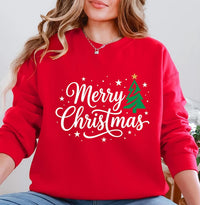 Merry Christmas Script Tree Sweatshirt, Green Tree Gold Star Holiday Tee, Christmas Family Matching Shirt, Xmas Pajama Top, Gift for Mom