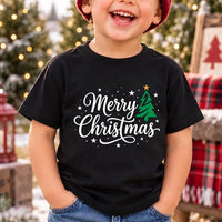 Merry Christmas Script Tree Sweatshirt, Green Tree Gold Star Holiday Tee, Christmas Family Matching Shirt, Xmas Pajama Top, Gift for Mom