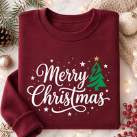 Merry Christmas Script Tree Sweatshirt, Green Tree Gold Star Holiday Tee, Christmas Family Matching Shirt, Xmas Pajama Top, Gift for Mom