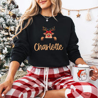 Personalized Reindeer Family Sweatshirt, Custom Peeking Reindeer Shirt, Matching Xmas Name Tee, Christmas Pajama Top, Gift for Family