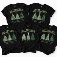 Custom Family Name Christmas Sweatshirt, Personalized Year and Town Holiday Shirt, Watercolor Christmas Trees Design, Merry Gift for Family