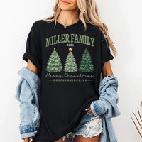 Custom Family Name Christmas Sweatshirt, Personalized Year and Town Holiday Shirt, Watercolor Christmas Trees Design, Merry Gift for Family