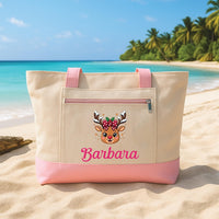 Personalized Reindeer Name Tote Bag with Zipper, Custom Reindeer Canvas Bag, Holiday Travel Tote, Festive Season Essential, Holiday Gift