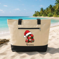 Personalized Initial Tote Bag with Zipper, Custom Name Canvas Tote Bag, Christmas Day Bag, Holiday Canvas Tote, Christmas Gift for Her